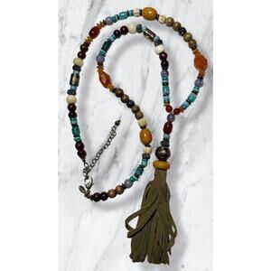 Vtg Chico’s Long Statement Necklace Mixed Beads Acrylic Wood Glass Boho Tassel